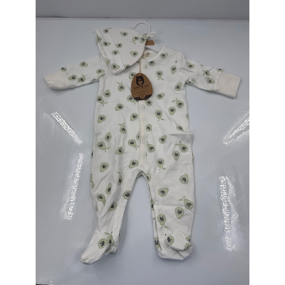 Rabbit Bear Organic Avocado Sleeper and Hat Set 6-9M White Green G157A101